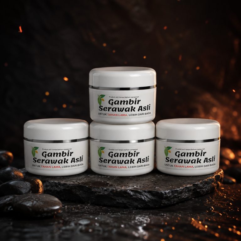 Gambir Serawak Asli — balang produk dengan label di hadapan